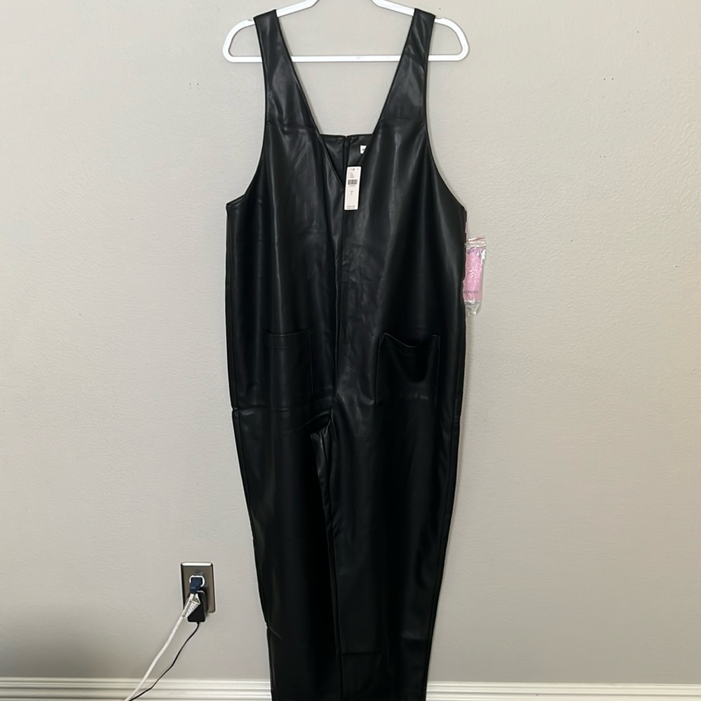 Avec les filles vegan leather bagatelle overalls in black.